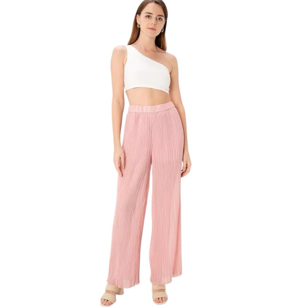 NWT Zara Blush Pink Plisse Pleated Wide Leg High Waist Pants - S - Picture 14 of 14